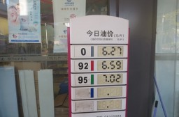 （写真１）上海市内のガソリンスタンド、番号によりガソリンの種類が分かれる